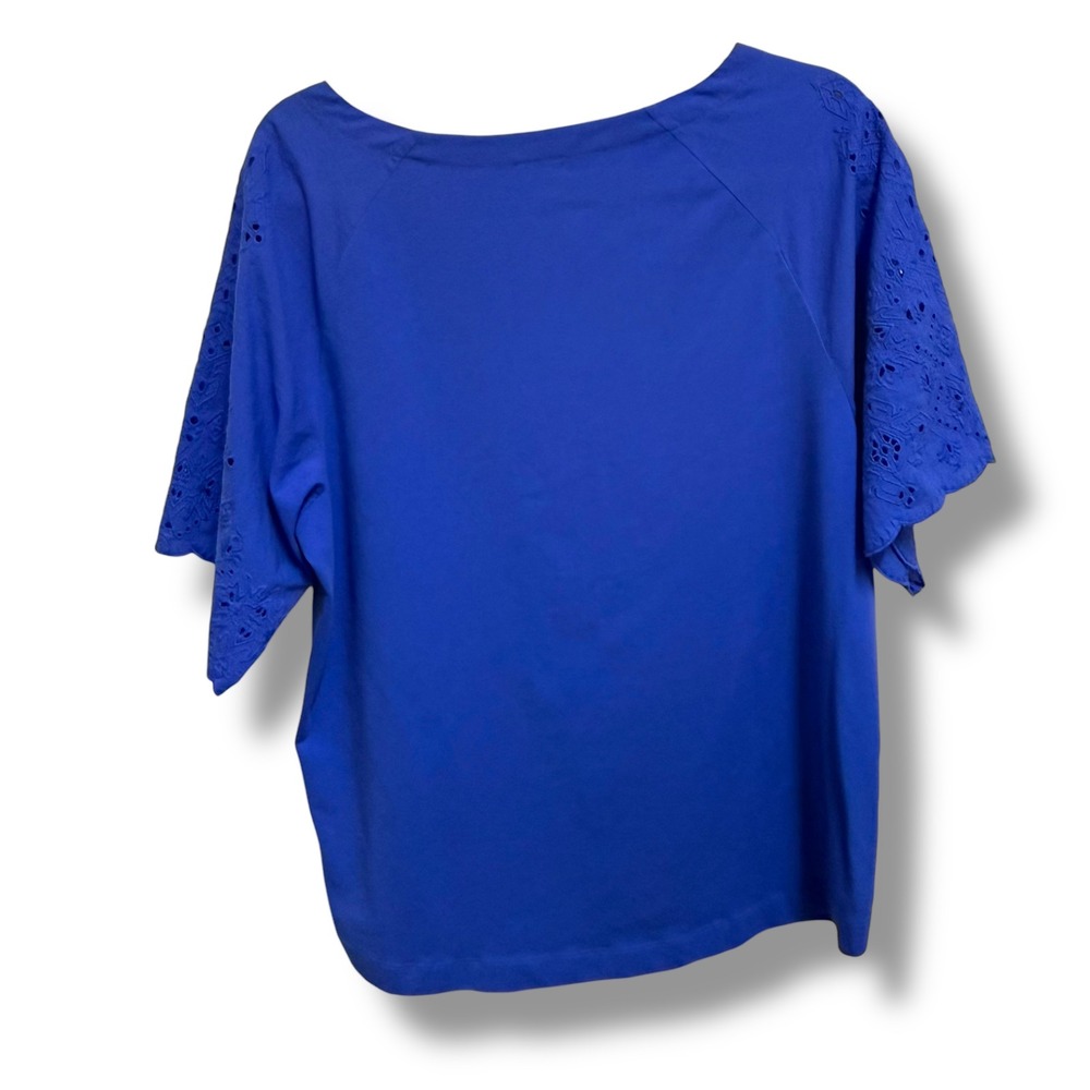 Chicos Royal Blue Eyelet Sleeve Knit Top Boat Neck Cotton Blouse Size 2 Large 12 - Picture 2 of 5